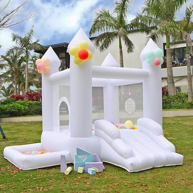 White Bounce House, Inflatable Trampoline with Air Blower, Jumping Castle with Slide, Family Backyard Inflatable Castle, Crafted with Ultra-Thick Material for Durability, Suitable for Children