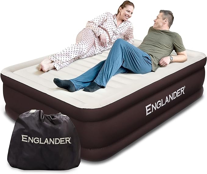 Englander Twin Size Air Mattress w/ Built in Pump - Luxury Double High Inflatable Bed for Home, Travel & Camping - Premium Blow Up Bed for Kids & Adults - Brown
