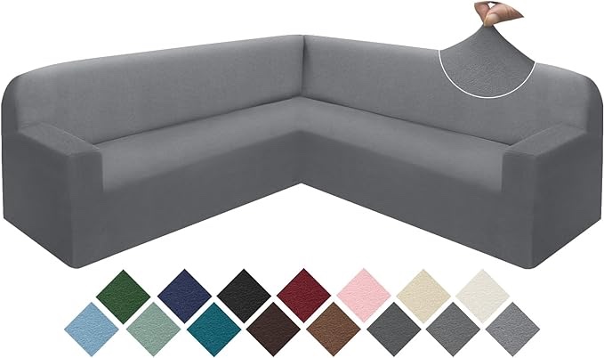 Stretch Sectional Covers for L Shaped Sectional Sofa Cover for Dog Corner Couch Cover U Shape Fleece Sofa Slip Cover Pet Friendly Anti-Slip Living Room Furniture Protector (Light Gray, Small
