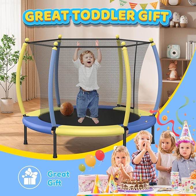 BCAN 60''/48" Mini Trampoline for Ages 1 to 8 Kid, 5FT Toddler Trampoline - Indoor/Outdoor Use with Enclosure Net, Foam Handle (reference image)