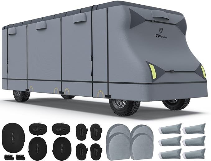 RVMasking 7 Layers top Class C RV Cover Fits 23'1"-26' Motorhome - Heavy Duty Windproof Rip-Stop Anti-UV Camper Cover with 4 Tire Covers & Gutter Spout Cover 23'1"-26' Gray
