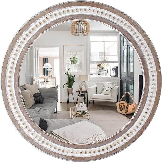 Reflinto 24" Rustic Round Wood Mirror, Distressed Decorative Mirrors for Wall Decor, Farmhouse Circle Mirror Frame with Beads Hanging Mirror for Bedroom, Bathroom, Living Room, or Entryway