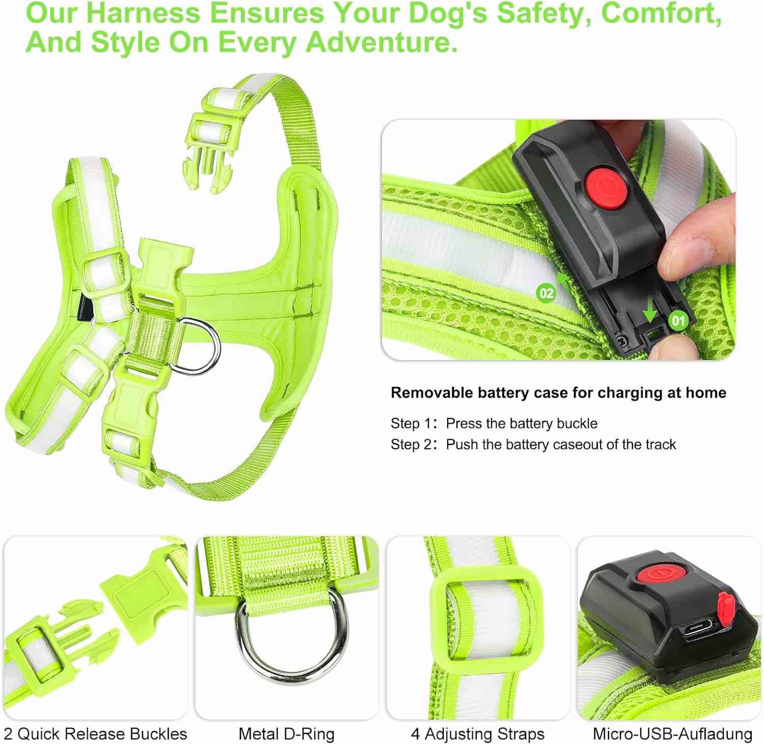 PZRLit Light Up Dog Harness - LED Dog Harness Rechargeable, No Choke Illuminated Glow Dark Harness Vest Waterproof for Medium Large Dogs for Camping Night Safety Walking-Green,L