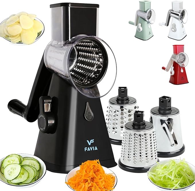 FAVIA Rotary Cheese Grater with Handle - Vegetable Shredder with 3 Stainless Steel Drum Blades, Round Mandoline Slicer Nuts Grinder, BPA Free Dishwasher Safe (Black)