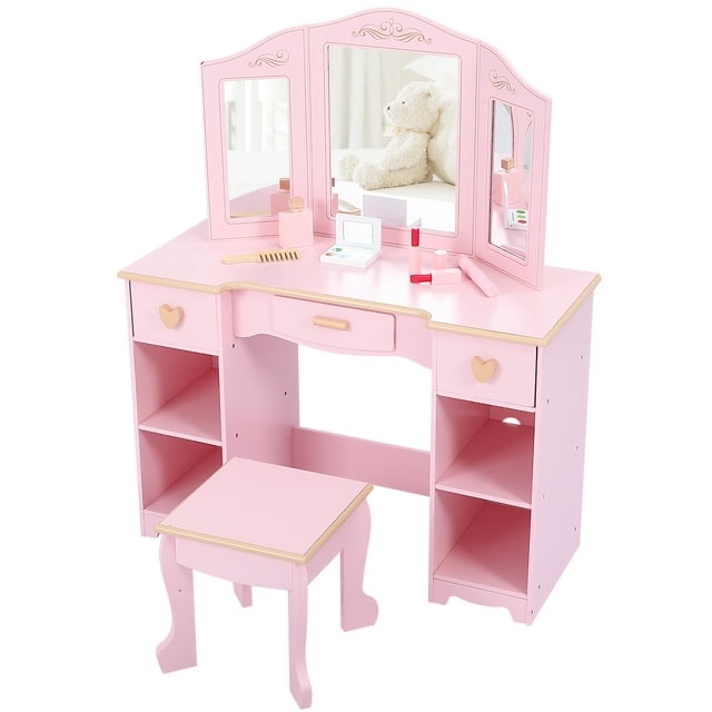 Kids Vanity with Chair,Princess Makeup Desk Dressing Table with Tri-fold Mirror & Storage Shelves,Makeup Desk & Chair Set with Drawer & Makeup Toy,Wooden Dressing Table for Little Girls,Pink