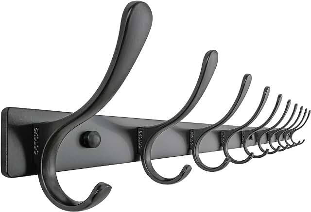 SKOLOO Coat Rack Wall Mounted - 10 Hooks, Heavy Duty, Stainless Steel, Metal Wall Coat Hanger, Sturdy Wall Hooks for Hanging Coat, Jacket, Clothes, Hat, Black