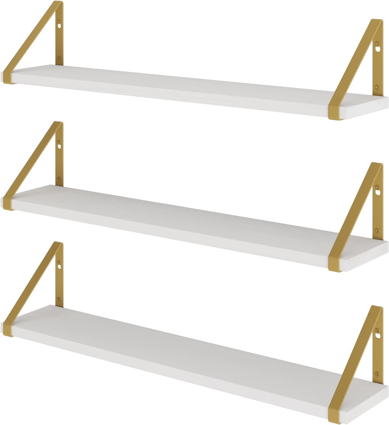Wallniture Ponza White Floating Shelves for Wall, 24" Wall Shelves for Living Room Decor, Bedroom, Bathroom, Home Office Shelves with Gold Color Brackets