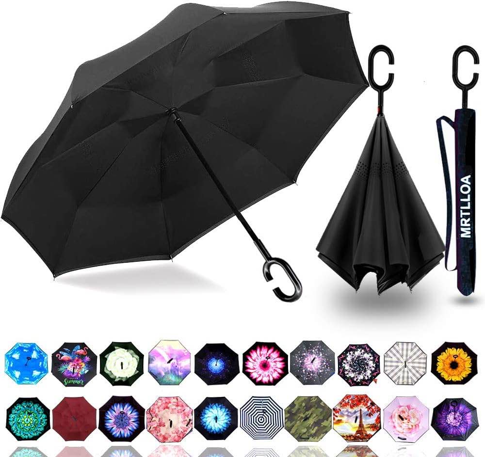 MRTLLOA 40/49/56 Inch Large Windproof Inverted Reverse Umbrella with UV Protection, C-Shaped Handle, Double Layer, Stick Rain Umbrella for Men, Women and Children (Black, 49 Inch) N-black 49 Inch
