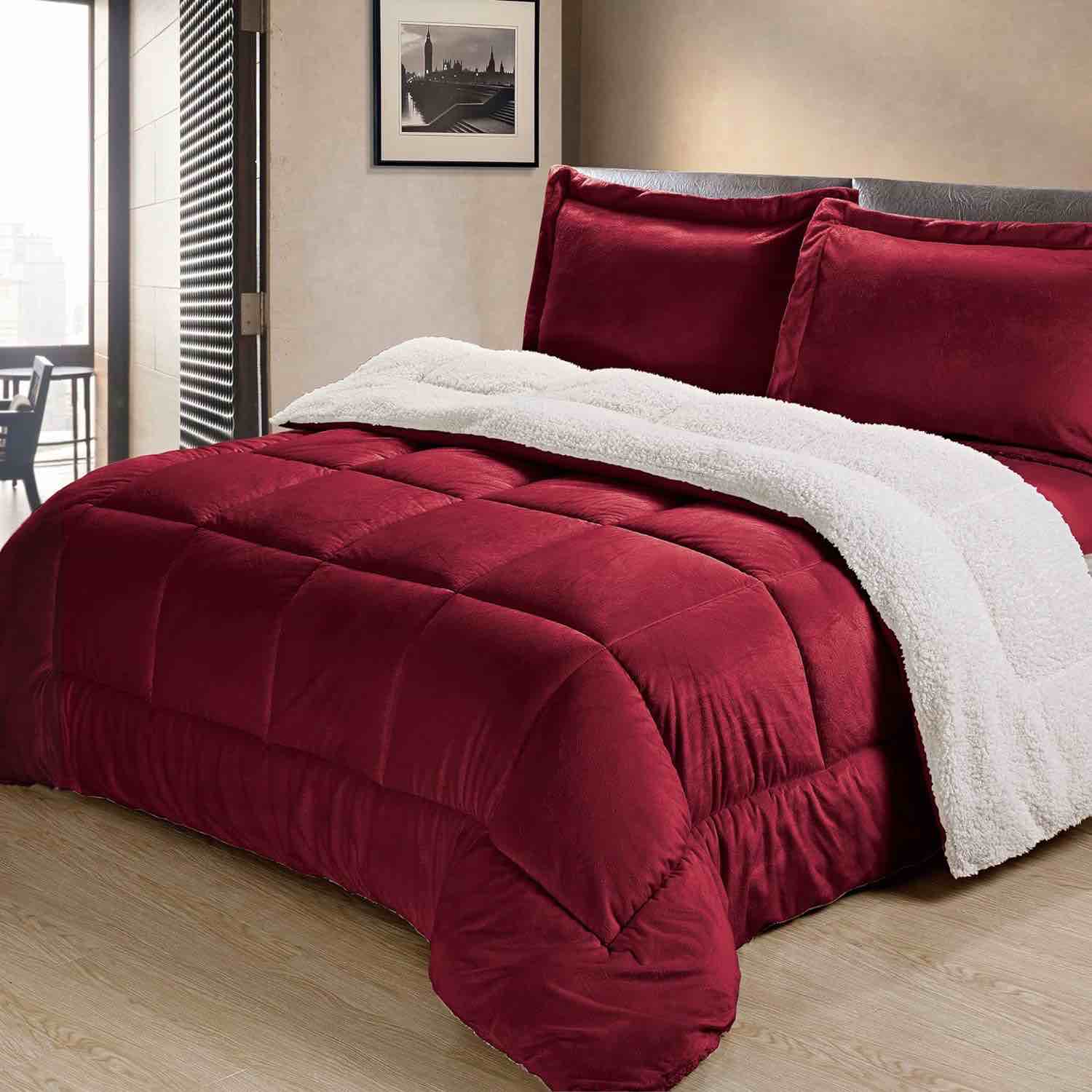 Cathay Home Full Comforter Set: Ultra Soft and Plush Reversible Micromink and Sherpa 3-Piece Bedding Set, Burgundy, Full (76" x 86")