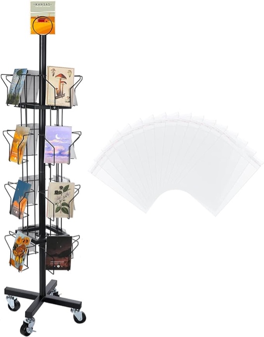 Queekay 16 Pockets 4 Tiered Greeting Card Display Rack Stand Portable Literature Magazine Rack and 200 Fit 5 x 7 Inch Clear Greeting Card Plastic Sleeves for Thrift Store Grocery Retail(Black)