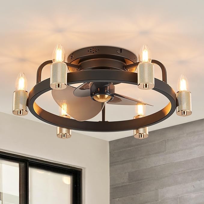 MOOONICHE Ceiling Fans with Lights and Remote, 20" Flush Mount Ceiling Fan Black, Farmhouse Industrial Rustic Low Profile Ceiling Fan for Bedroom, Kitchen, Living Room