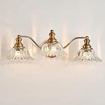 XIEDUN Vintage Bathroom Vanity Light Fixture, 3 Lights Bathroom Lighting Matte Antique Brass Finish with Crystal Glass Shade, Vintage Vanity Light for Bathroom