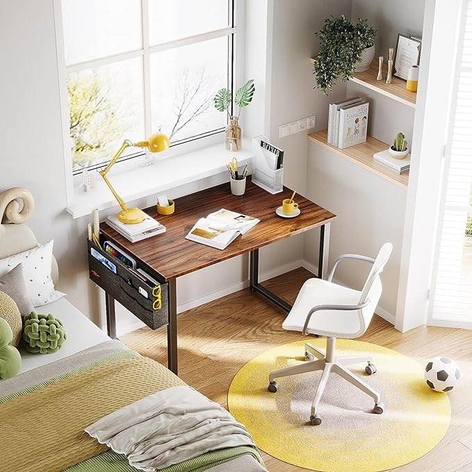 ODK 32 inch Small Computer Desk Study Table for Small Spaces Home Office Student Laptop PC Writing Desks with Storage Bag Headphone Hook, Deep Brow