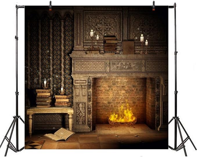Laeacco Fantasy Room Interior Backdrop 10x10ft Vinyl Photography Background Flame and Fireplace Magical Books Candle Retro House Background