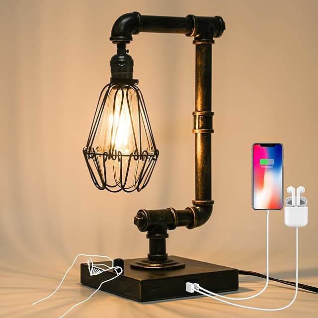 Ganiude Steampunk Table Lamp, Industrial Desk Lamp with USB Ports, Rustic Edison Bulb Lamp,Metal,Bronze Style 1