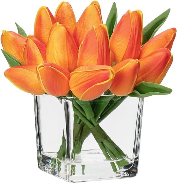 DILATATA Artificial Orange Tulips in Vase with Faux Water 5.5" Real Touch Flowers Fake Tulips Small Flowers Arrangement in Cube Glass Vase for Dining Table Centerpiece Wedding Home Decor