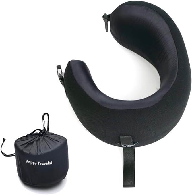 Cushion Lab Extra Support Travel Pillow, Award-Winning Patented Ergonomic Design for Chin & Neck Support Memory Foam Neck Pillow, Compact Airplane Pillow for Traveling, Flight, Car (Black, Medium)