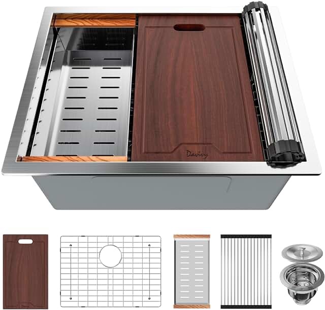 Hovheir 31 Inch Drop In Kitchen Sink Stainless Steel Topmount 16 Gauge Workstation Sink R10 Single Bowl Kitchen Sink with Cutting Board Roll-up Rack Bottom Rinse Grid Basket Strainer Two Faucet Holes