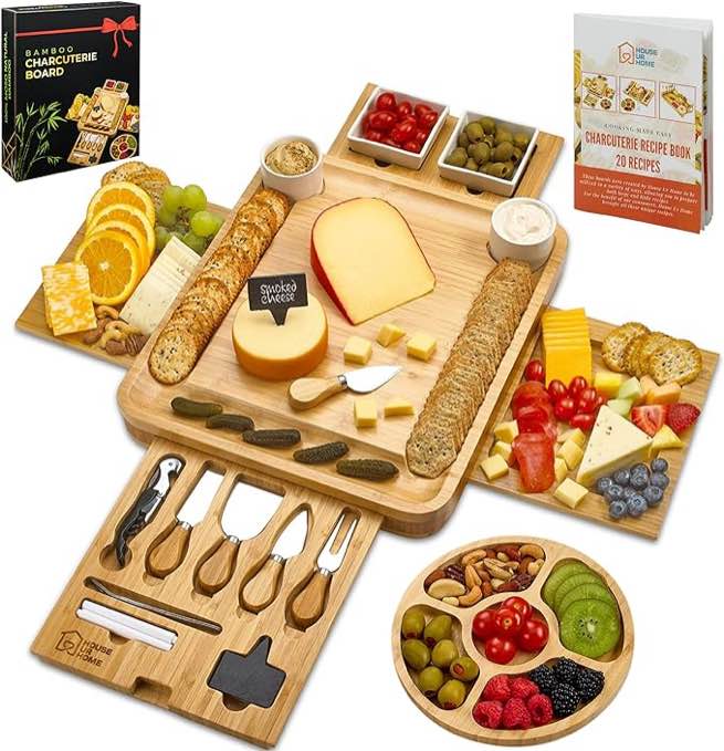 Large Charcuterie Board Set - Bonus Recipe Book - 2 Ceramic Bowls & Plates, 4 Magnetic Drawers Bamboo Cheese Knife Set, Round Tray