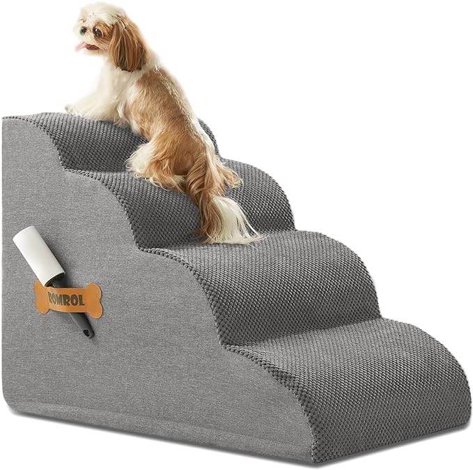 Dog Stairs, Romrol Dog Steps Ramp for High Bed and Couch, Dog Ramp with Durable Non-Slip Waterproof Fabric Cover, Pet Stairs for Small Dogs and Cats or Pets Joints, 4-Tiers,Coffee