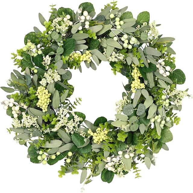 Green Eucalyptus Leaf Wreath, Vlorart 24 Inch Artificial Spring Summer Wreaths for Front Door Decor Boxwood Wreath with Big Berries, Farmhouse Greenery Wreath Outside Year Round - Indoor/Outdoor