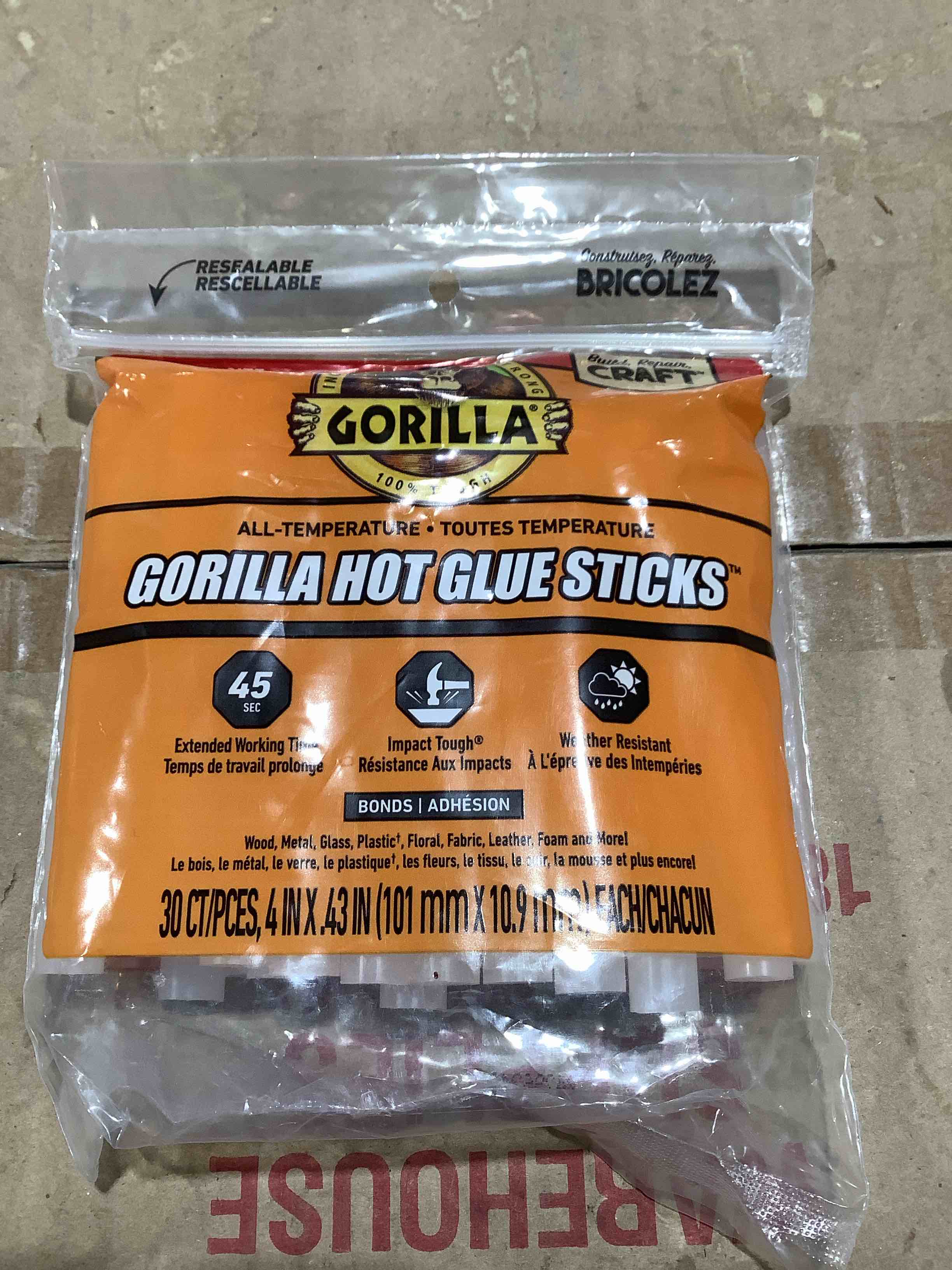 Condition photo showing New/Like New for Gorilla 3033002 Hot Glue Sticks, 4 in. Full Size, 30 count, Clear