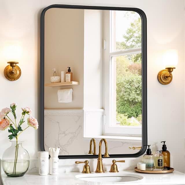 BLACK METAL FRAMED BATHROOM HOME DECOR MIRROR, 24" x 36"