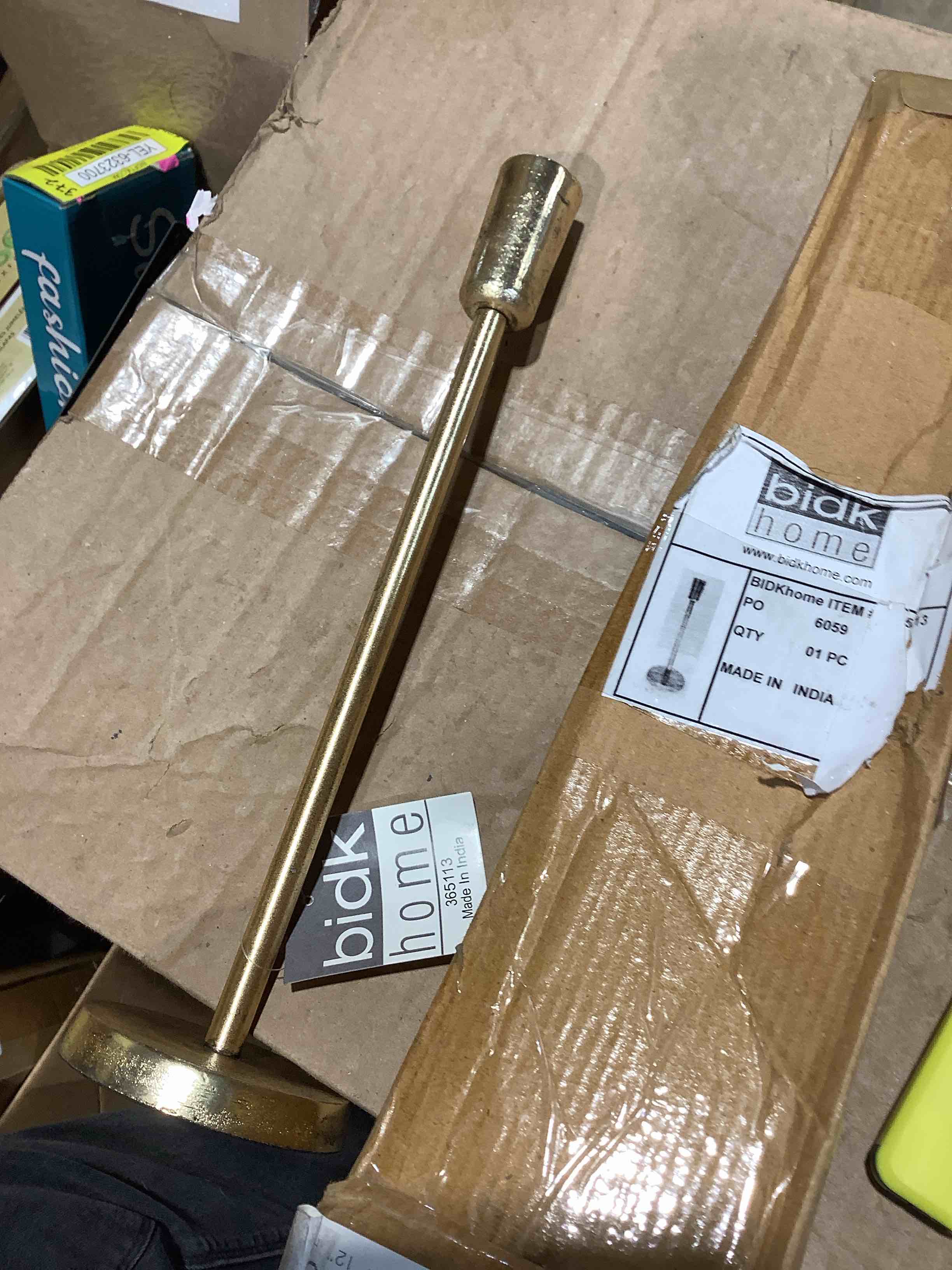 Condition photo showing New/Like New for bidk home gold table top metal 12" x 3.25" candlestick