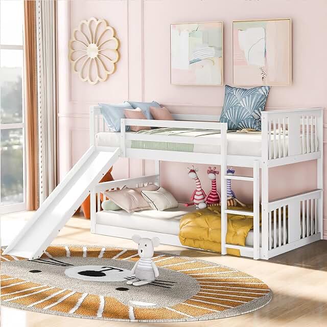 LHYY White Twin Over Twin Bunk Bed with Slide and Ladder, incomplete 