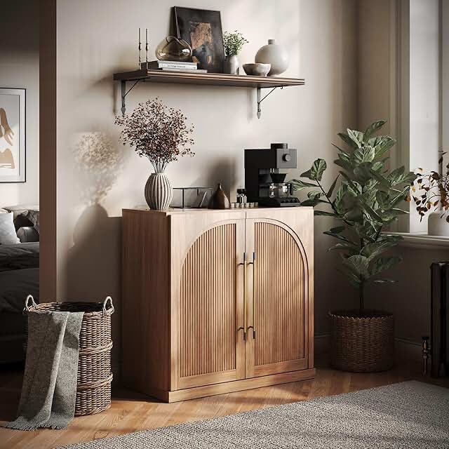 BELLEZE Modular Sideboard with Double-Arc Wood Doors, Small Arched Buffet Cabinet with Storage and Adjustable Shelves, Classic Modern Credenza for Dining Room, Living Room, or Entryway(Camel)