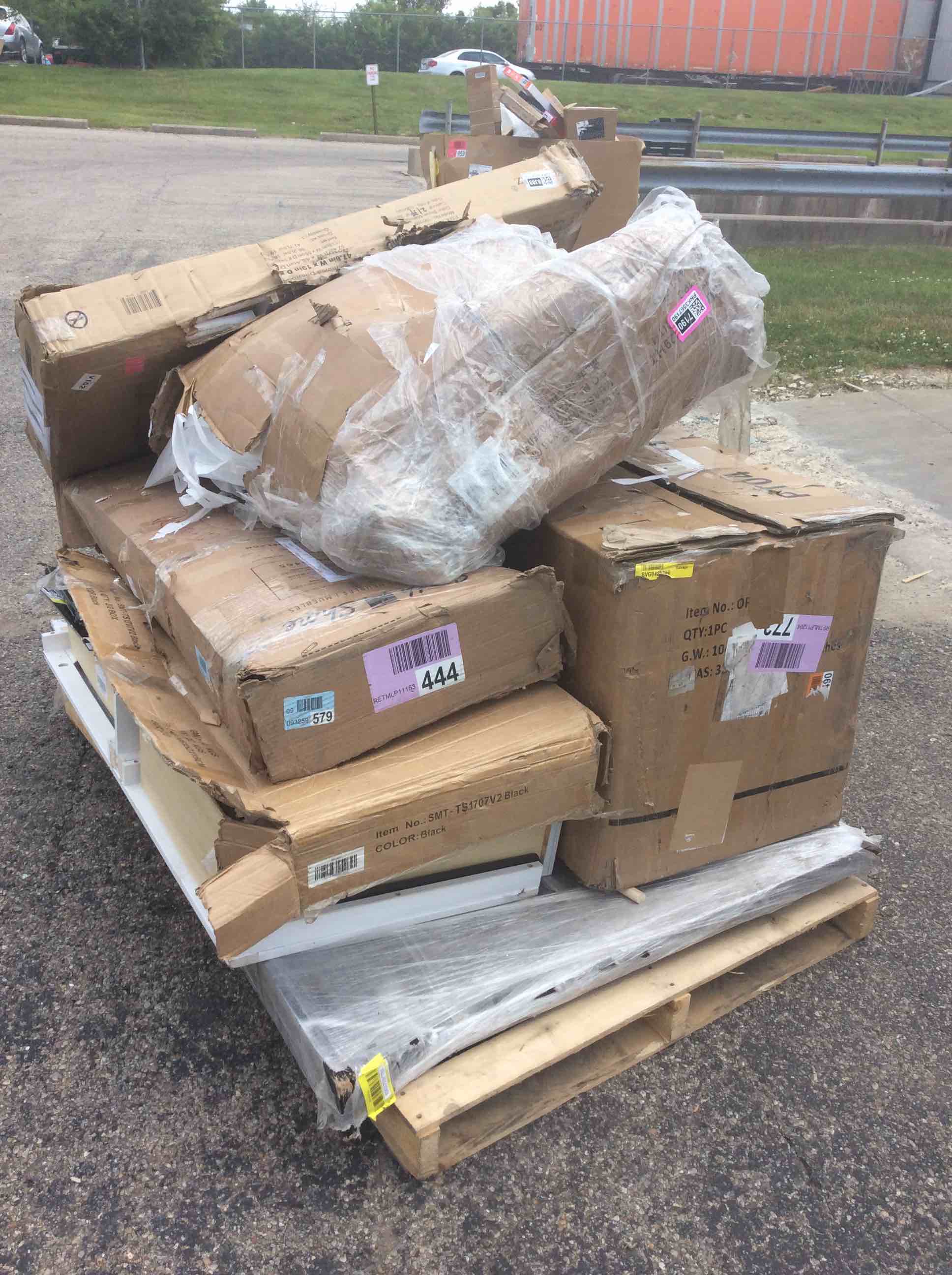 Pallet Lot of assorted furniture, including Counter stool seats headboard queen size , desk, round tabletop, and more