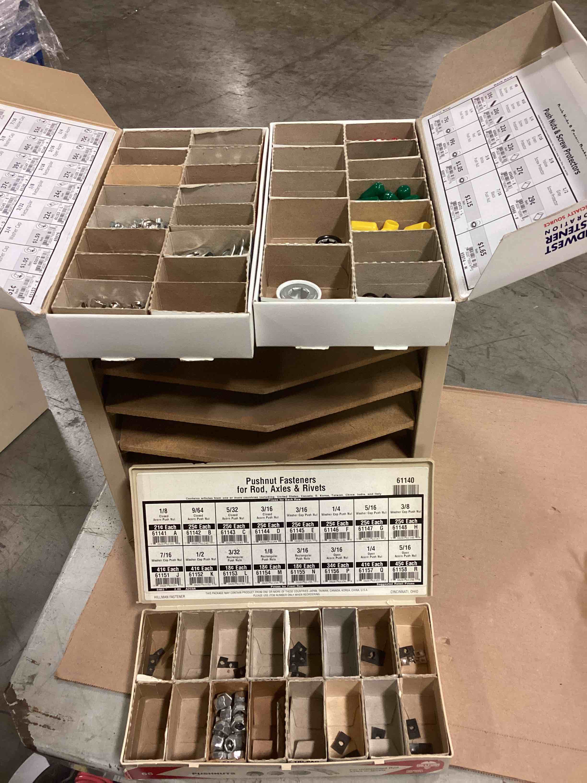 ASSORTMENT OF PUSH NUTS FOR RODS, AXLES & RIVETS, DISPLAY CASE AND MUCH MORE