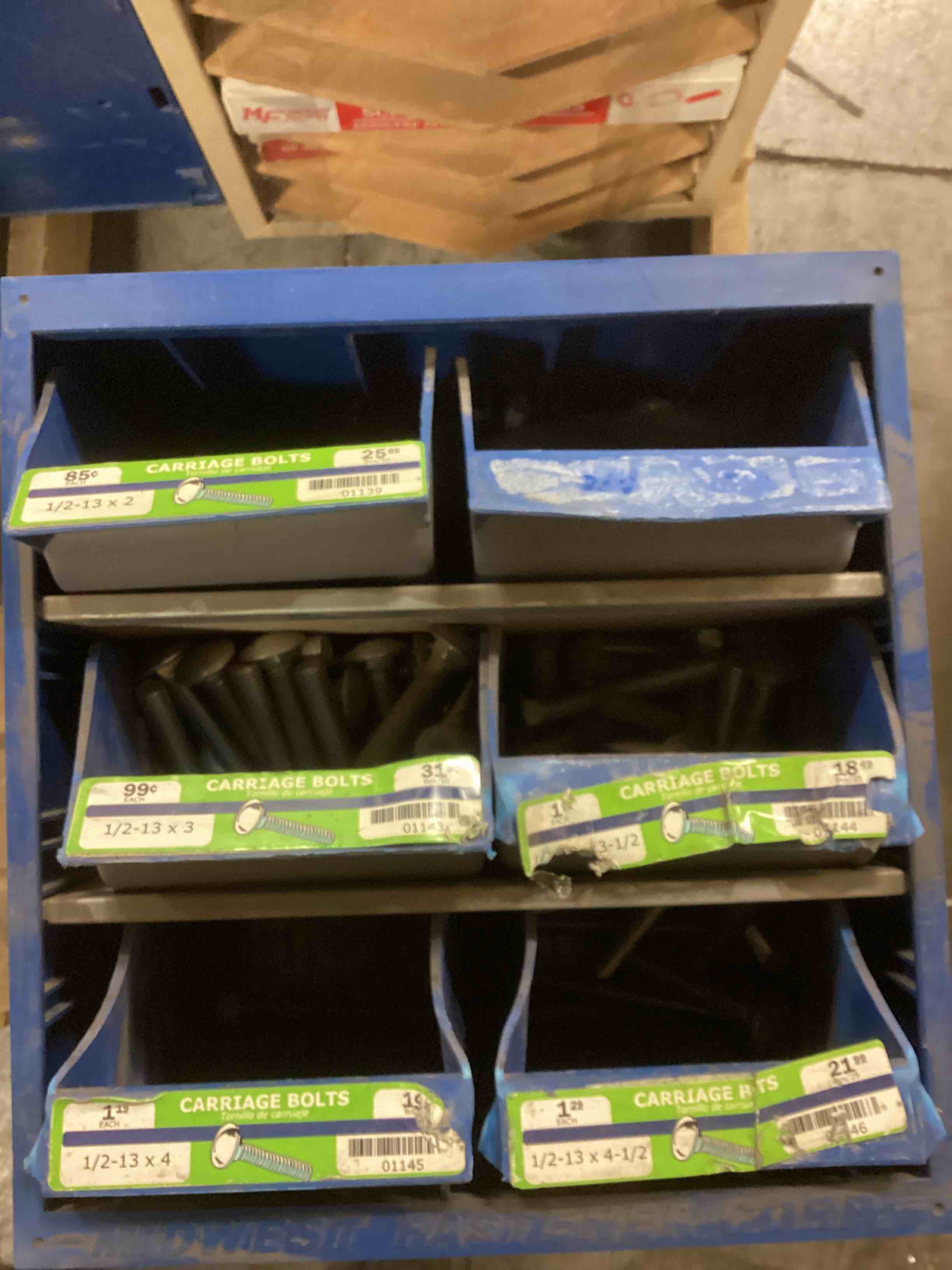 ASSORTMENT OF CARRIAGE BOLTS OF DIFFERENT SIZES, DISPLAY CASE AND MUCH MORE