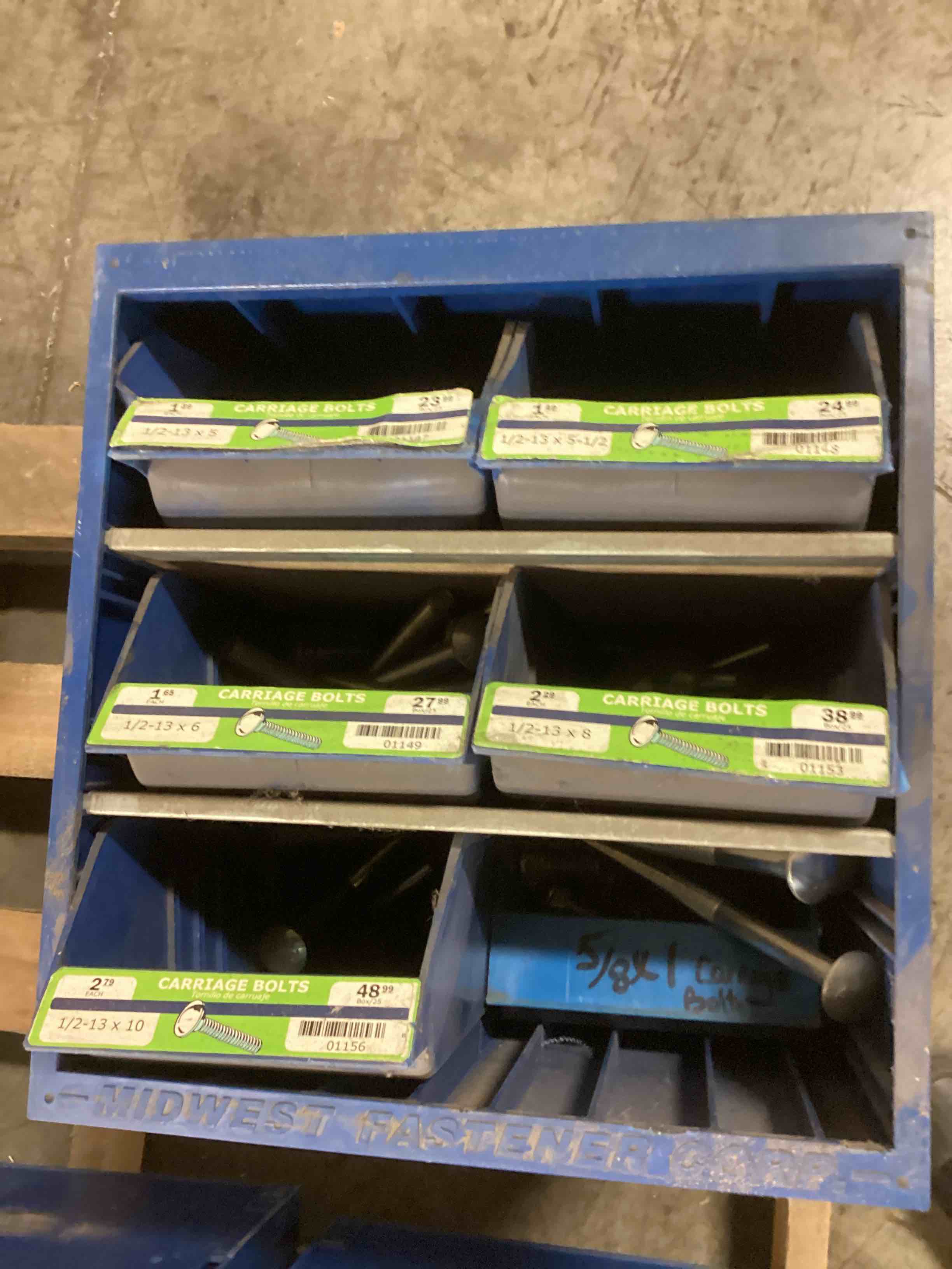 ASSORTMENT OF CARRIAGE BOLTS OF DIFFERENT SIZES, DISPLAY CASE AND MUCH MORE