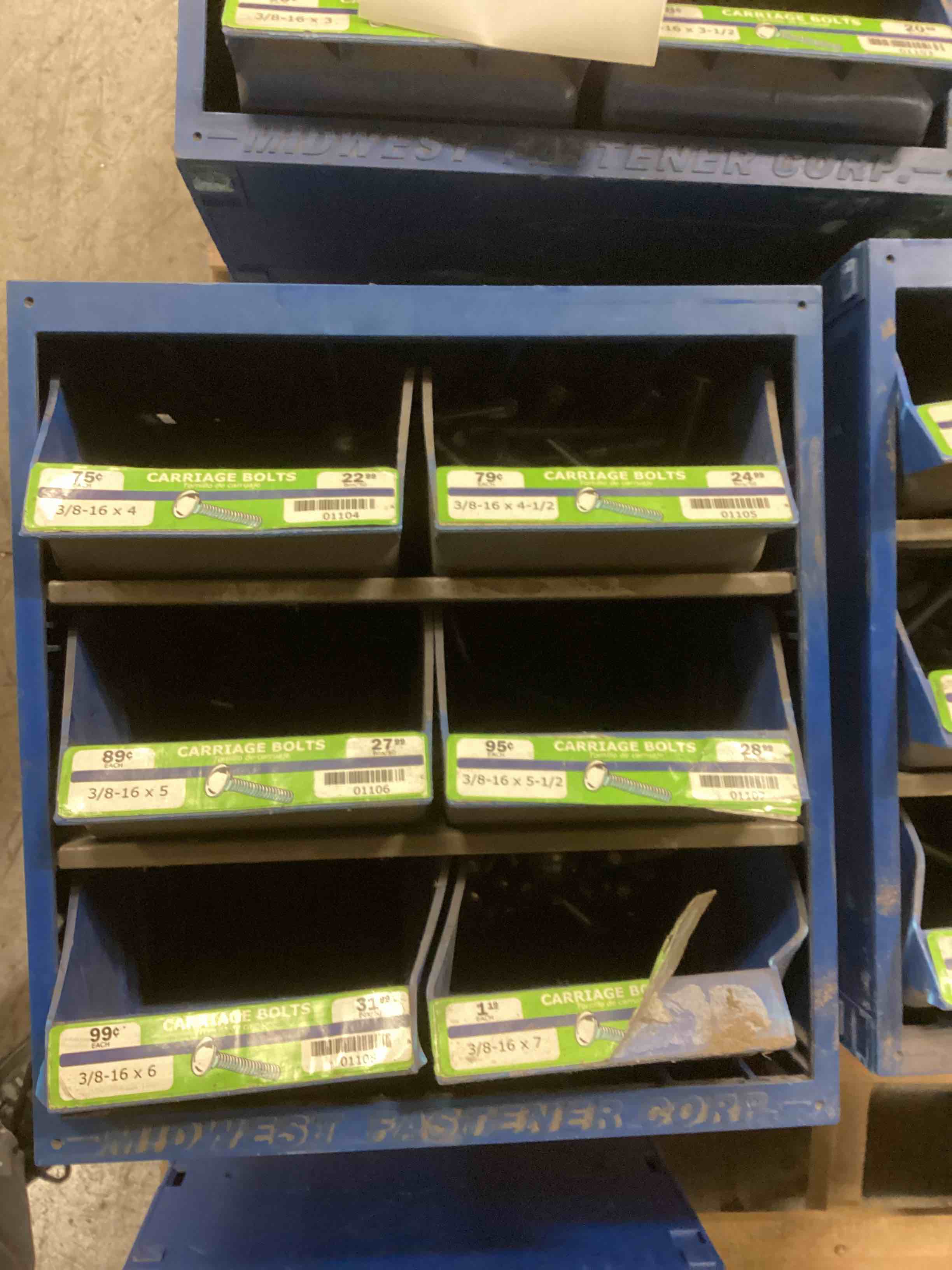 ASSORTMENT OF CARRIAGE BOLTS OF DIFFERENT SIZES, DISPLAY CASE AND MUCH MORE