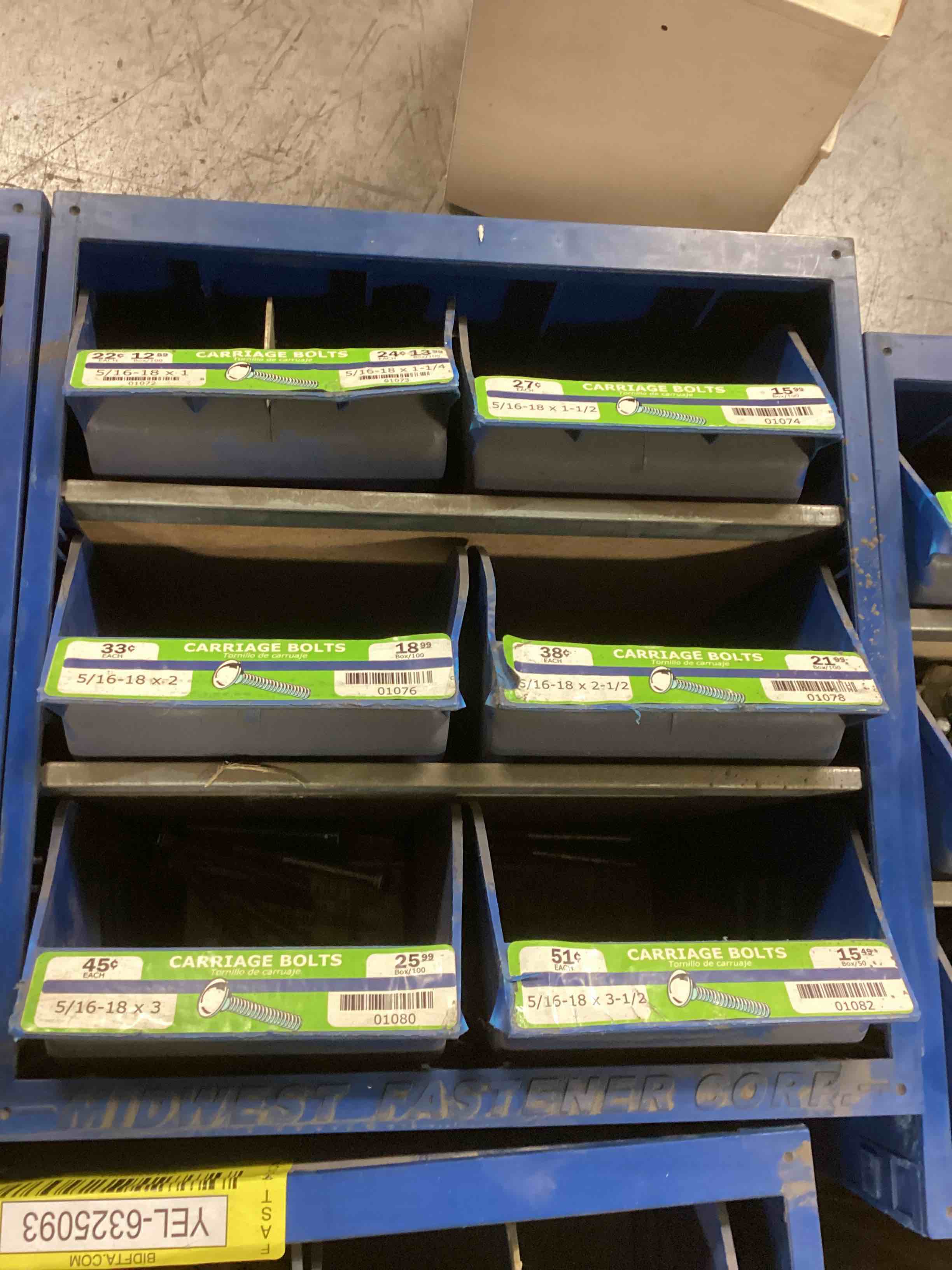 ASSORTMENT OF CARRIAGE BOLTS OF DIFFERENT SIZES, DISPLAY CASE AND MUCH MORE