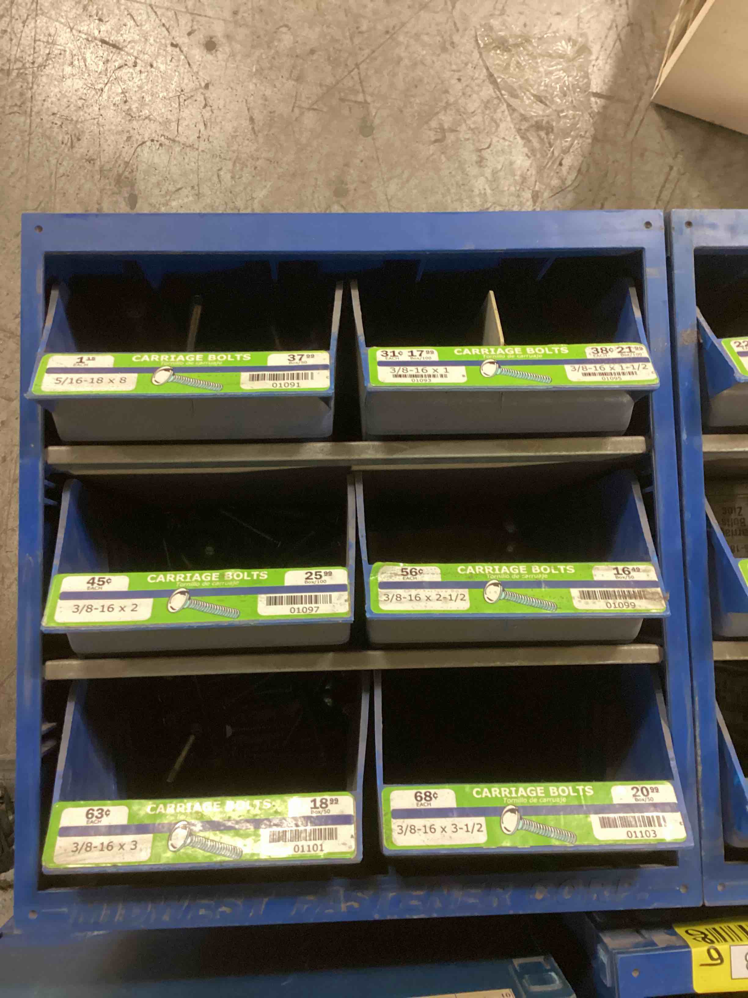 ASSORTMENT OF CARRIAGE BOLTS OF DIFFERENT SIZES, DISPLAY CASE AND MUCH MORE