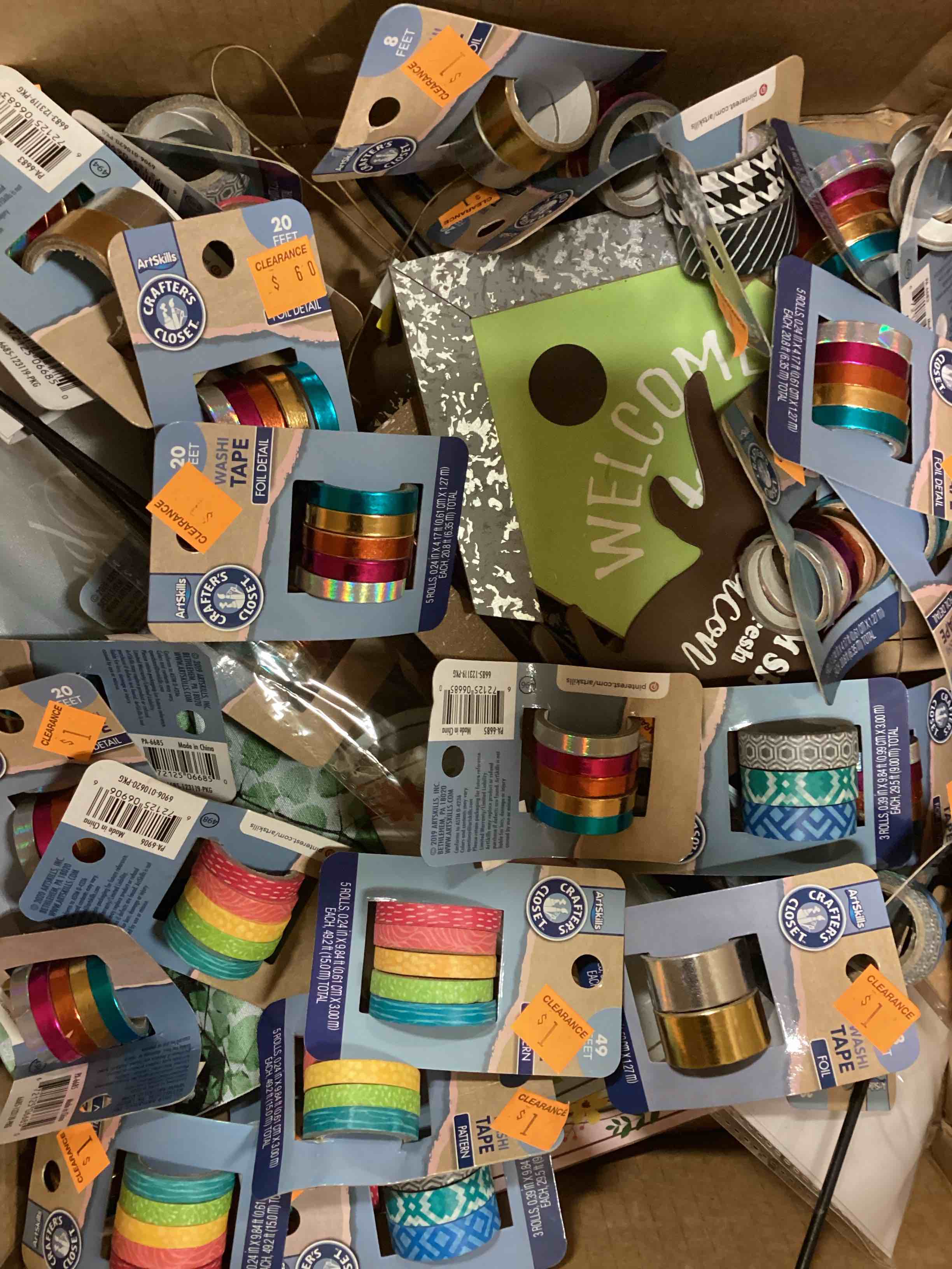 Assorted Item Includes CRAFT CLOSET RIBBONS, PLAQUES, PEG BOARD HOOKS, COSTUMES, HALLOWEEN DECORATIONS AND MORE