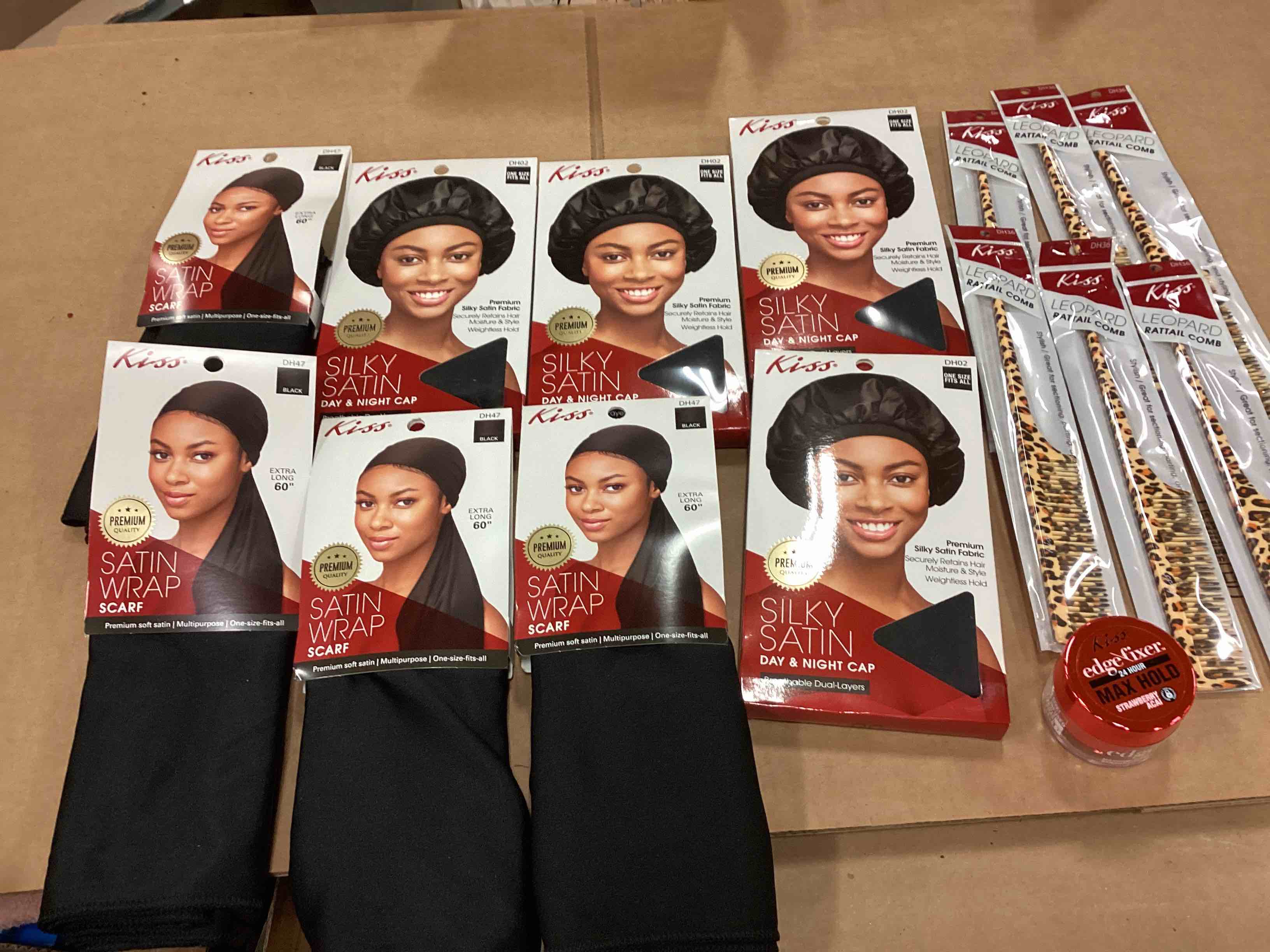 KISS SATIN WRAP SCARF, SILKY SATIN DAY/NIGHT CAP, LEOPARD RATTAIL COMB AND EDGE FIXER MAX HOLD