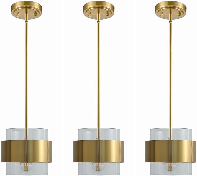 MINS Familio Modern Decor Adjustable Pendant Lamp Kitchen Island, Cylinder Glass Shade Gold Ring Ceiling Chandelier Indoor Lamps for Dining Room Shop Restaurant (Clear, 3-Pack 1-Light Rod Hang)