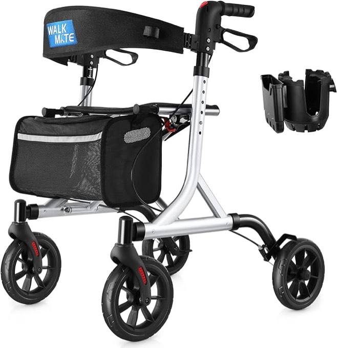 Rollator Walker for Seniors with Cup Holder, Upgraded Thumb Press Button for Height Adjustment, 4 x 8" Wheels Walker with Seat Padded Backrest Folding Lightweight Walking Aid, Silver