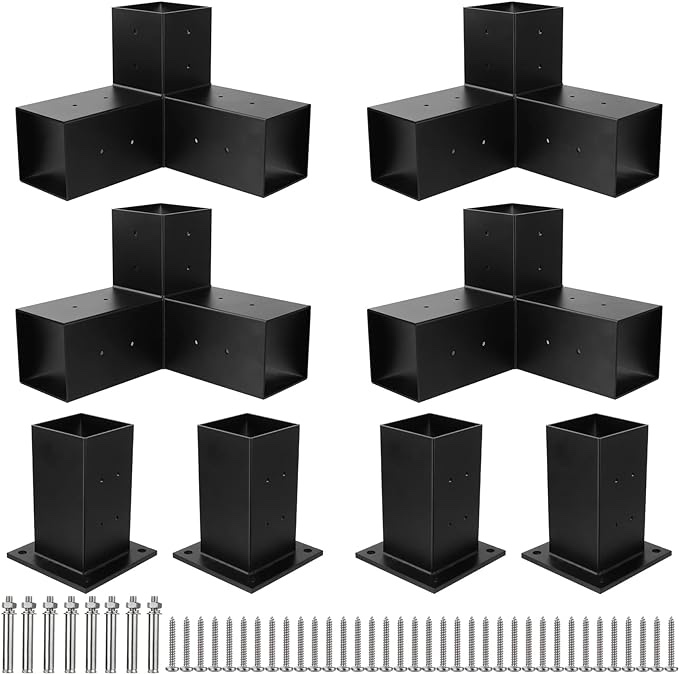 Pergola Kit 4x4 DIY Pergola Bracket Kit with Black Powder Coated, Aluminium Alloy, 4 Arm Pergola 3-Way Corner Extension Brackets and 4 Solos Pergola Post Base for 4x4 Wood Post(Actual: 3.5"x3.5")