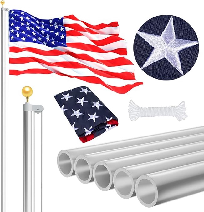 20FT Telescoping Upgrade thick Flag Poles Kit,Heavy Duty 13 Gauge Aluminum Telescopic Flagpole Kit with Embroidered 3'x5' USA Flag & Golden Ball Topper,fly 2 Flags for Residential, Outdoor garden (Upgrade Thick - Silver 20FT)