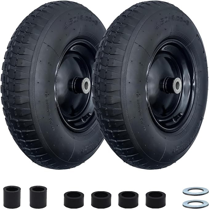 2-Pack 4.80/4.00-8" Pneumatic Wheelbarrow Wheel and Tires with 3"- 7" Center Hub and 5/8" Bushings for Wheelbarrow and Yard Cart Garden Wagon