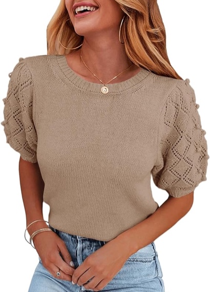Summer Sweaters for Women 2024 Puff Short Sleeve Sweater Tops Knit Pom Pom Trendy Casual Blouses