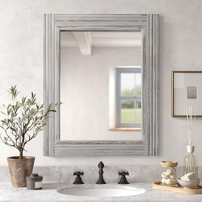 YOSHOOT Hand-made Wooden Spliced Wall Mirror for Bathroom, Rustic Farmhouse Vanity Mirror