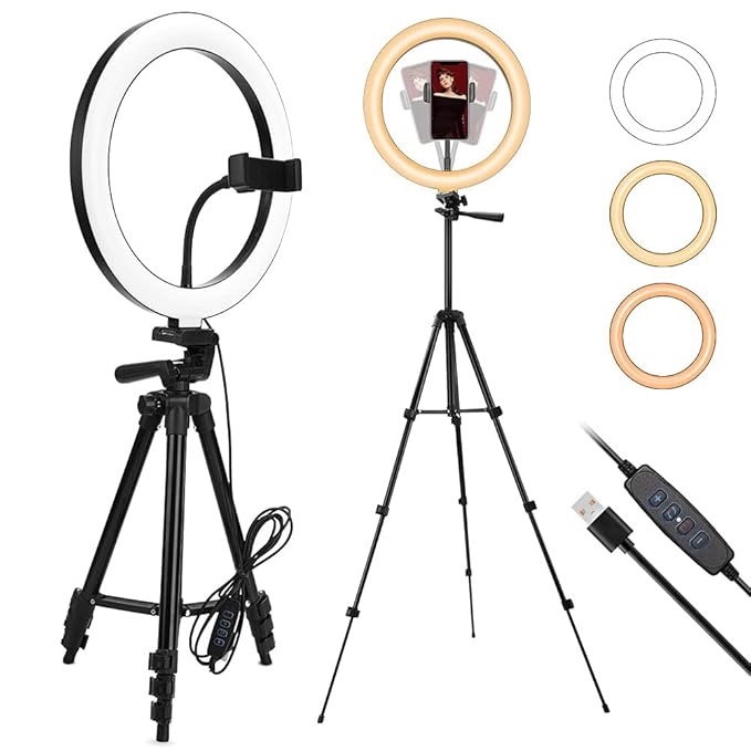 Selfie Ring Light with Tripod Stand and Flexible Phone Holder 10" LED Ring Light 3 Color Mode 10 Brightness Level 3500-6500K for Live Stream Portrait YouTube Makeup, Fit for Iphone & Android