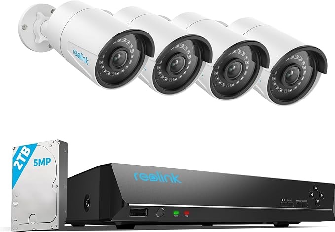REOLINK 8CH 5MP Security Camera System, 4pcs Wired 5MP PoE Cameras for Home Security Outdoors, Smart Person Vehicle Detection, 4K 8CH NVR with 2TB HDD for 24-7 Recording, RLK8-410B4-5MP White