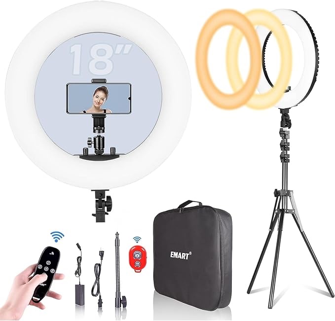 EMART 18-inch Ring Light with Stand, 65W Big Adjustable 3200-5500K LED Ringlight with Ultra-wide Lighting Area for Camera Photography, YouTube Videos, Makeup, Kit: Phone Holder, Remote, Soft Tube, etc