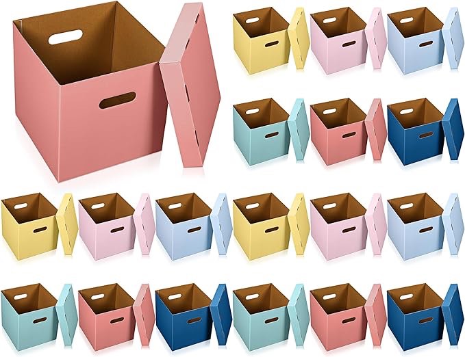 Hillban 24 Pcs Small Colorful Cardboard Storage Bin with Lid Handles Foldable Stackable Organizing Box for Home, Room, Nursery and Playroom, Closet and Toys Organization,11.8 L x 11.8 W x 11.8 H